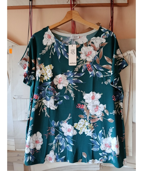 Szmaragdowa tunika z krótkim rękawem kimono - białe kwiaty
